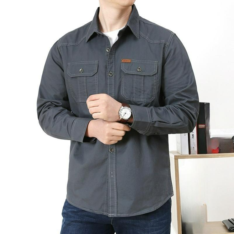 Men's Casual Loose Long-sleeved Shirt Spring and Autumn Plus Size Cotton Solid Color Young and Middle-aged Shirt