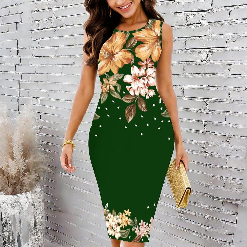 Women Plus Size Crew Neck Sleeveless Midi Dress Cyan Background Sunflower Allover Print Bodycon Dress