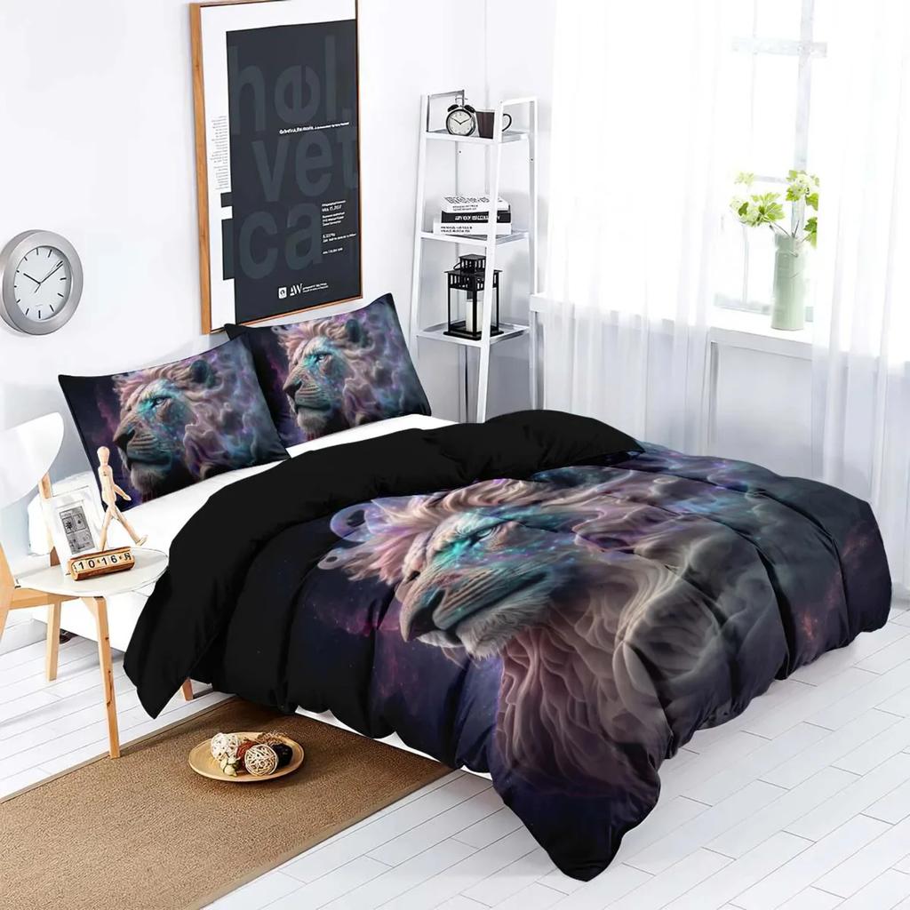Comfortable and Warm 90gsm Matte Polyester Lion King Animal Print 3-piece Bedding Set - Includes 1 Duvet Cover and 2 Pillowcases