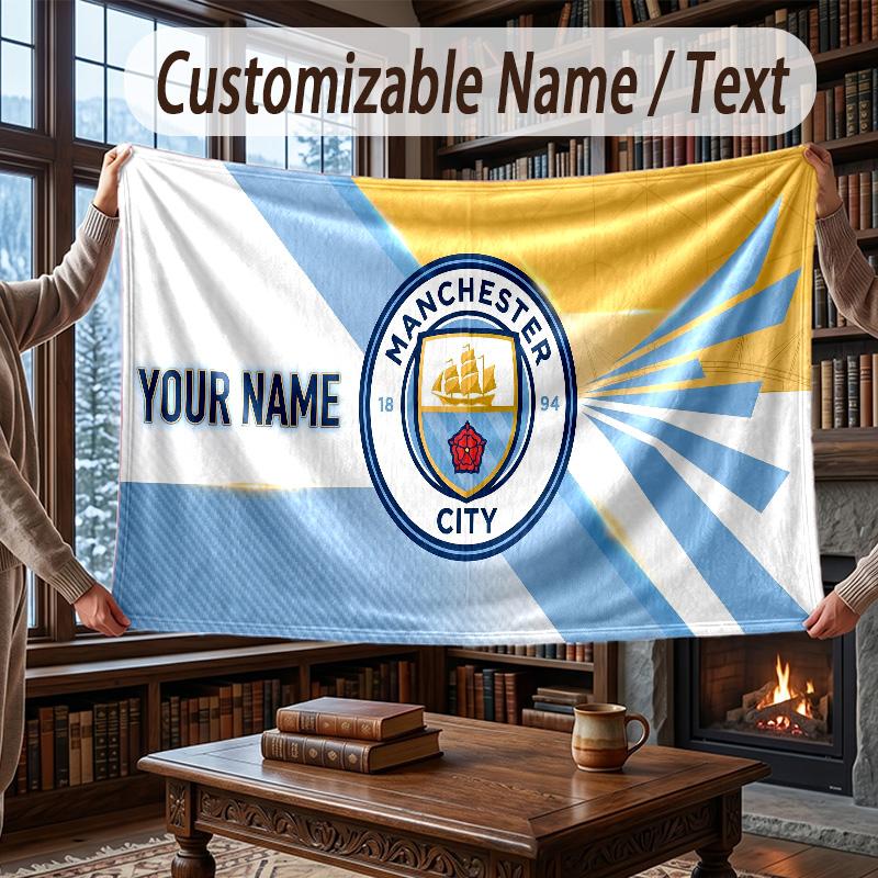 Custom Name Flannel Throw Blanket Manchester City Pattern Warm Home Decoration