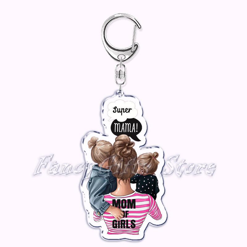 Cartoon Brown Hair Super Mama Mom Keychain for Accessories Bag Pendant Key Chain Ring Keychains Jewelry Mothers Fathers Day Gift