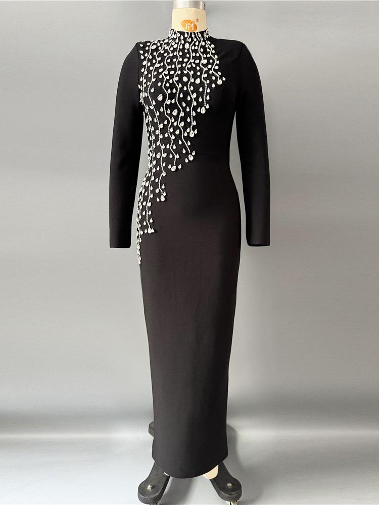 Elegant European & American Rhinestone Beaded Long-Sleeve Slim Fit Party Dress