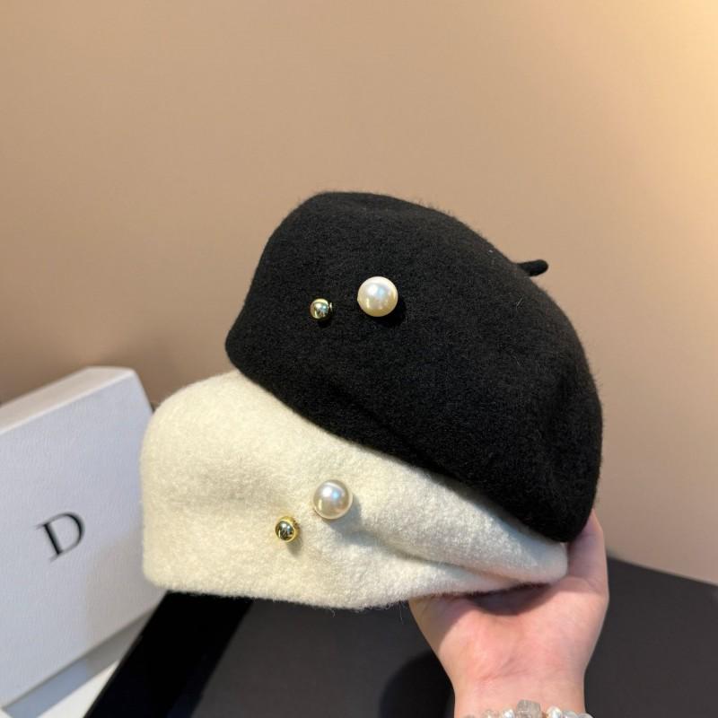 High Quality Light Luxury Irregular Wool Beret Winter Warm Slim Face Pearl Painter Hat