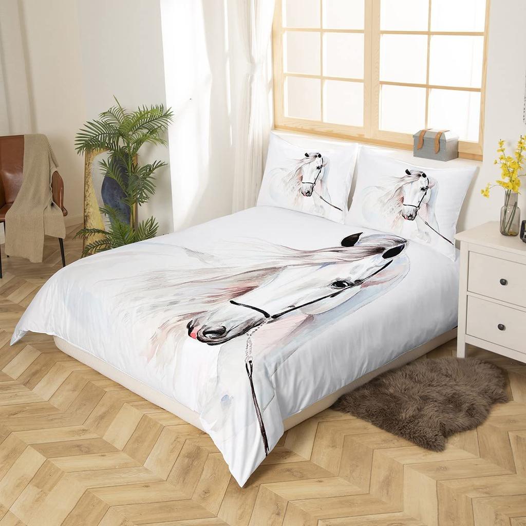 White Horse Down Quilt Set Animal Print Quilt Cover Comfortable Bedding Three-Piece Set