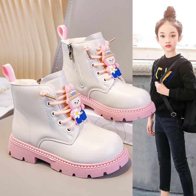 Girls' Martin Boots with Side Zipper, Autumn/Winter Kuromi Princess Style Mid-Calf Boots, Shiny Leather, Waterproof, Soft Sole, Fashion Shoes for