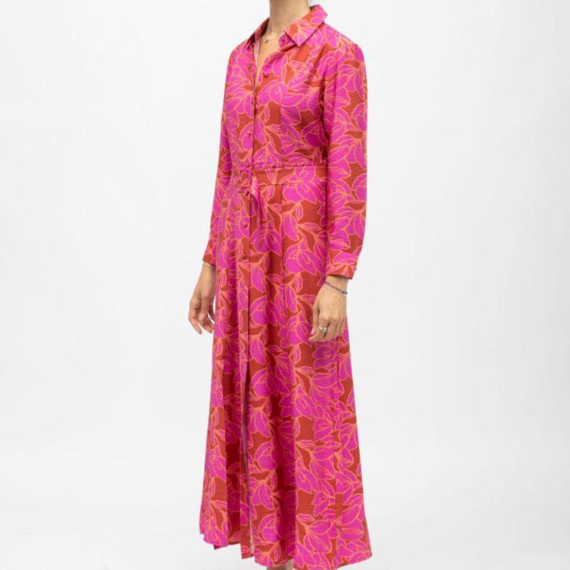 Long Brown Shirt Dress with Pink Flowers with Roman Belt Woman LA PETITE ETOILE