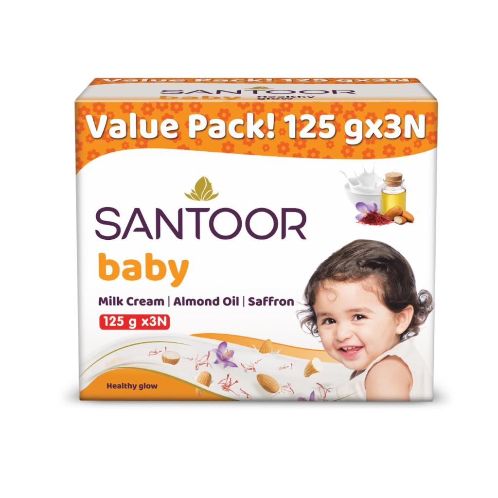 Santoor Baby Bathing Bar Soap With Milk Cream Saffron And Almond Oil Gentle Daily Skin Cleansing Formula For Infant Pack Of 3