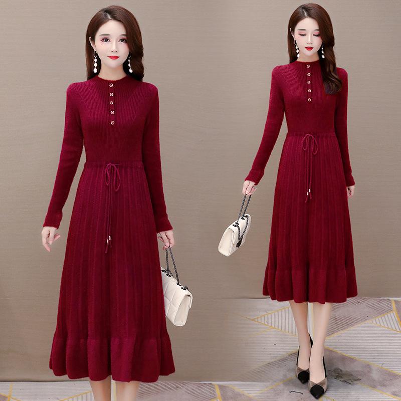 Women's Mink-proof Knitted Dress Loose Solid Color Mid-length Sweater Dress Knee-length Fishtail Dress for Autumn and Winter