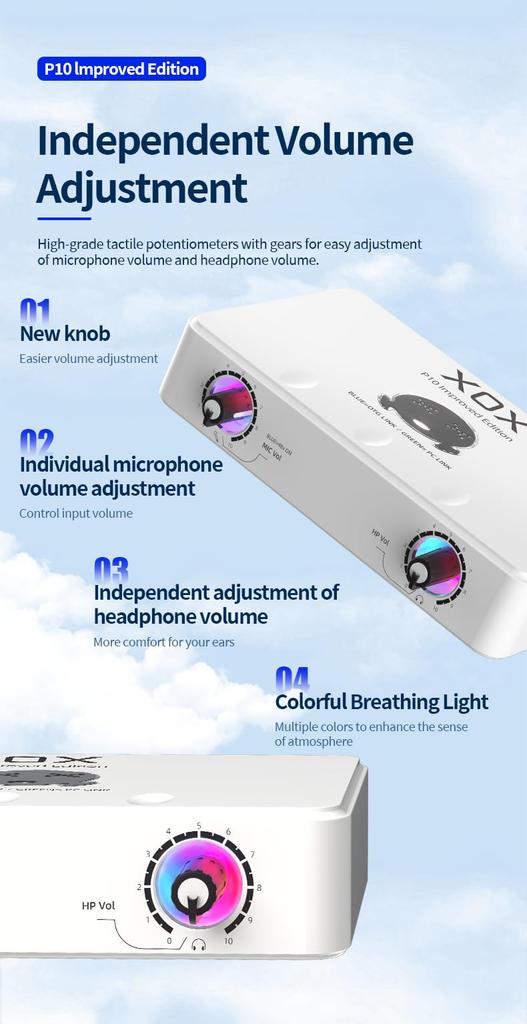 XOX P10 USB Audio Interface for Recording with Software Panel for and Independent Volume LED USB Audio 48V Phantom Power Studio-Quality Streaming,