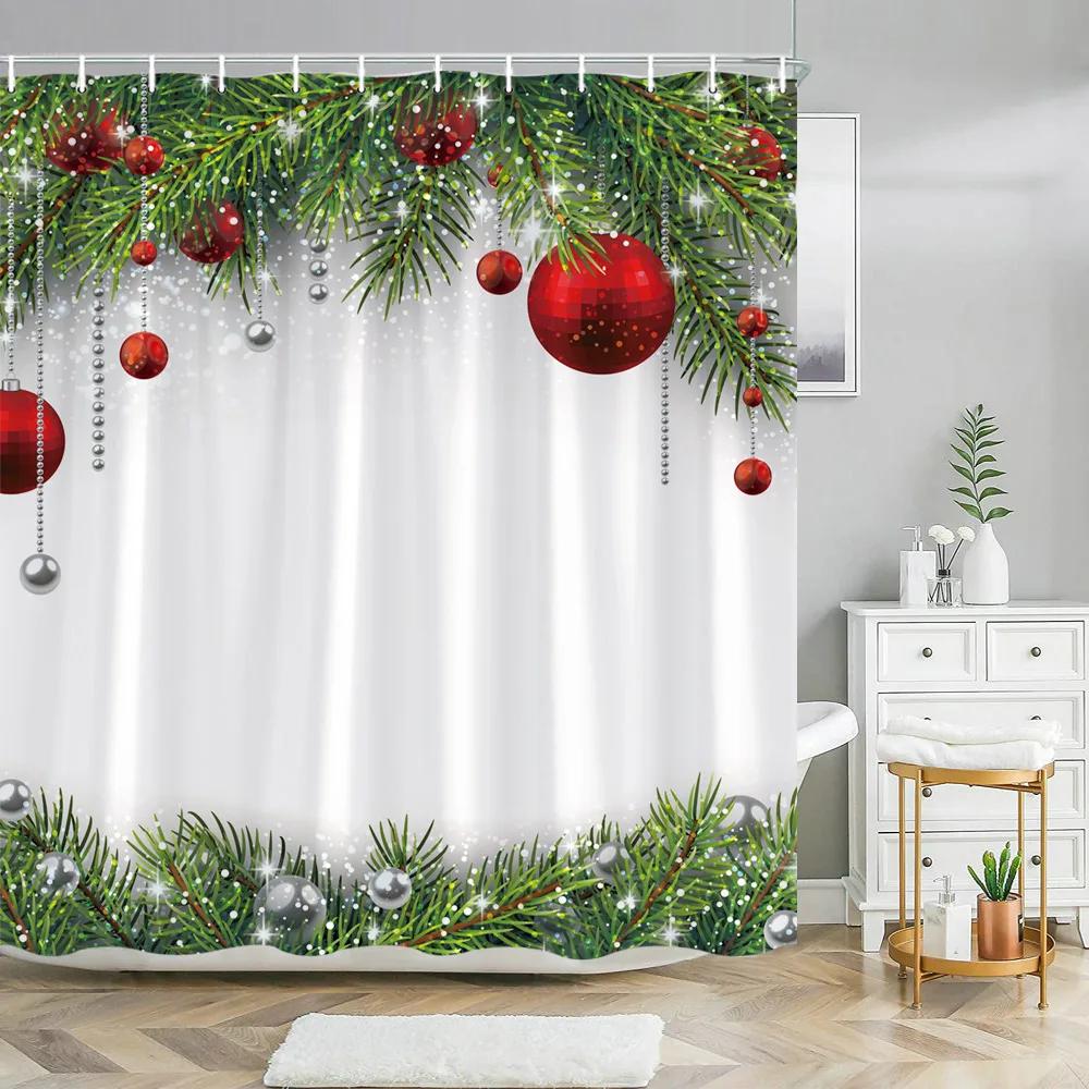 Christmas Balls Shower Curtain Colorful Xmas Balls Green Candy Canes Hanging on Pine Tree Branch for Christmas Ornament Branches