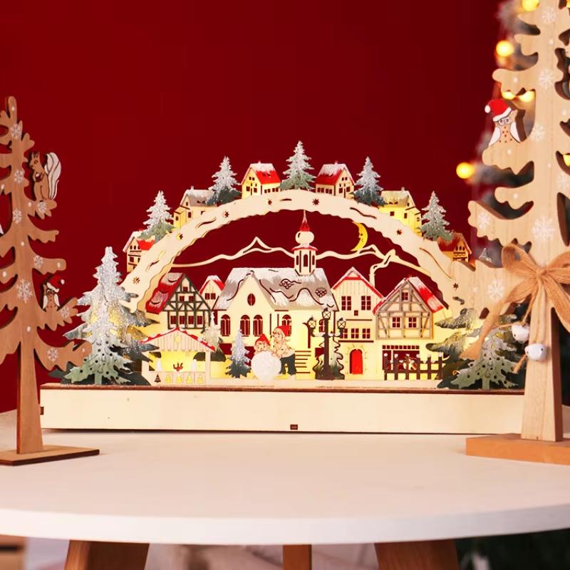 Christmas Wooden LED Lights Bridge Lights Ornaments Christmas Village Shopping Malls Shop Windows Christmas Scene Decorations