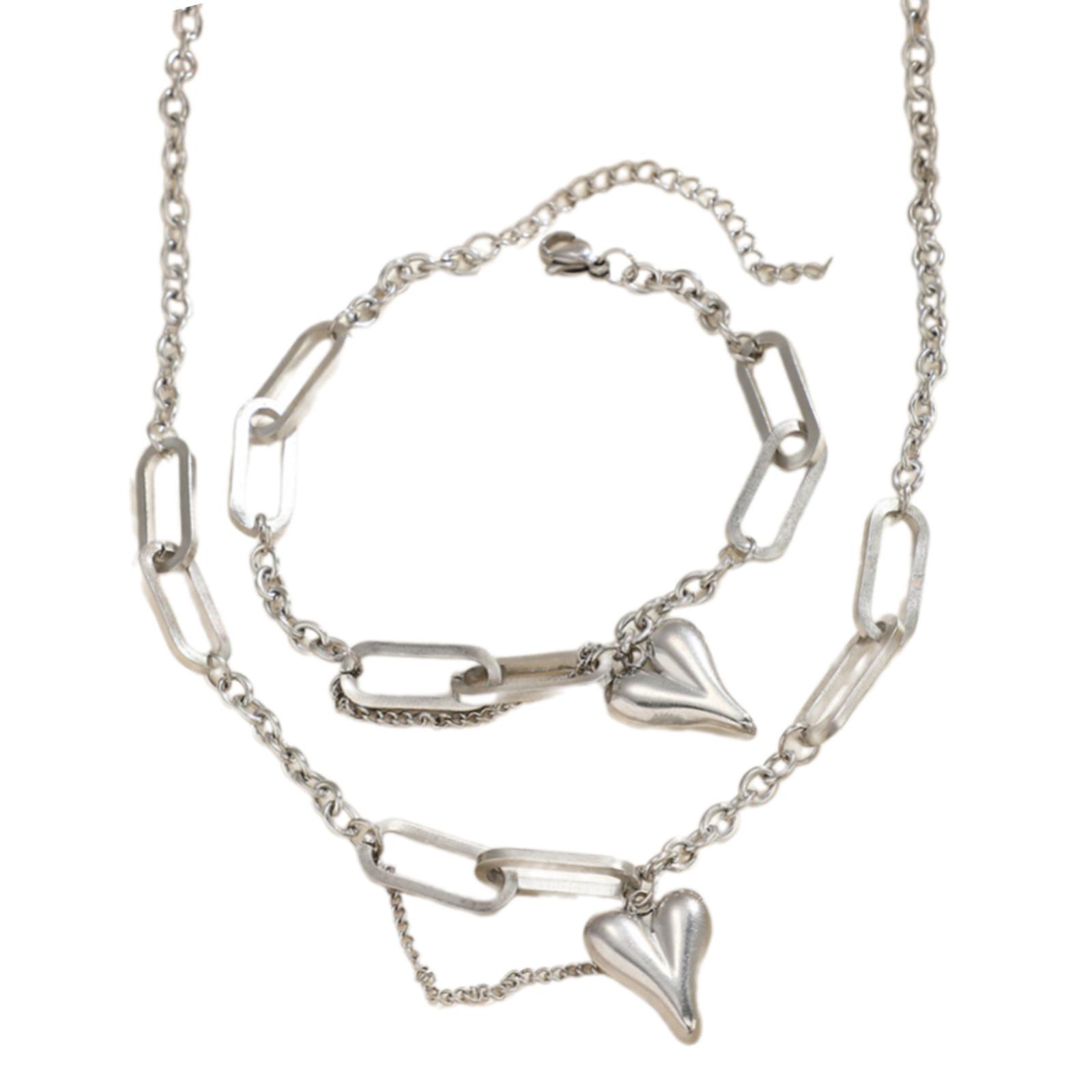 

Элегантное ожерелье-сердце, маленький кулон, браслет регулируемой длины, набор украшений, текстура из нержавеющей стали для женщин и девушек серебряный