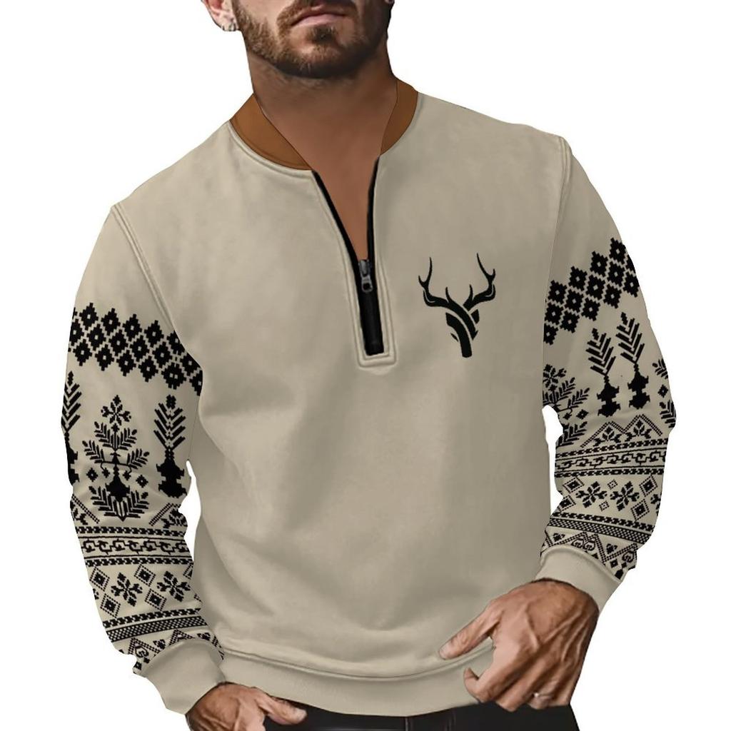 Retro High Street Half-Zip Pullover Stand Collar Oversized Casual Printed Men's Sweatshirt