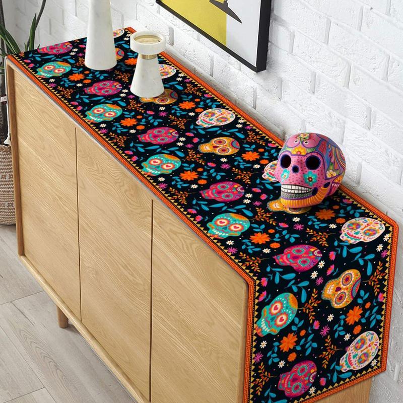 De dödas dag Bordslöpare Halloween Blommig Sockerdödskalle Mexikansk Ofrenda Festdekor för Matsalsbord Vardagsrum Studierum Tillbehör