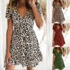 V-Ausschnitt Kurzarm Taillenbetontes Minikleid Sexy Leopardenmuster Damenkleid Damenbekleidung