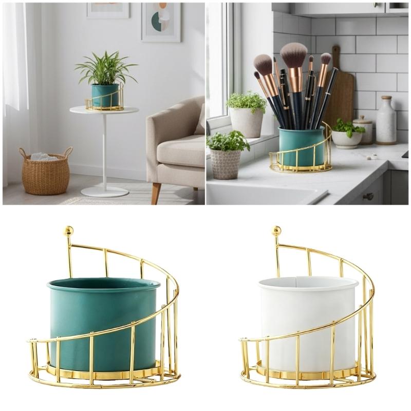 Ceramic Flowerpot Flower Plant Pots Balcony Courtyard Potted Plant Flowerpot with Iron Frame Home Garden Tray