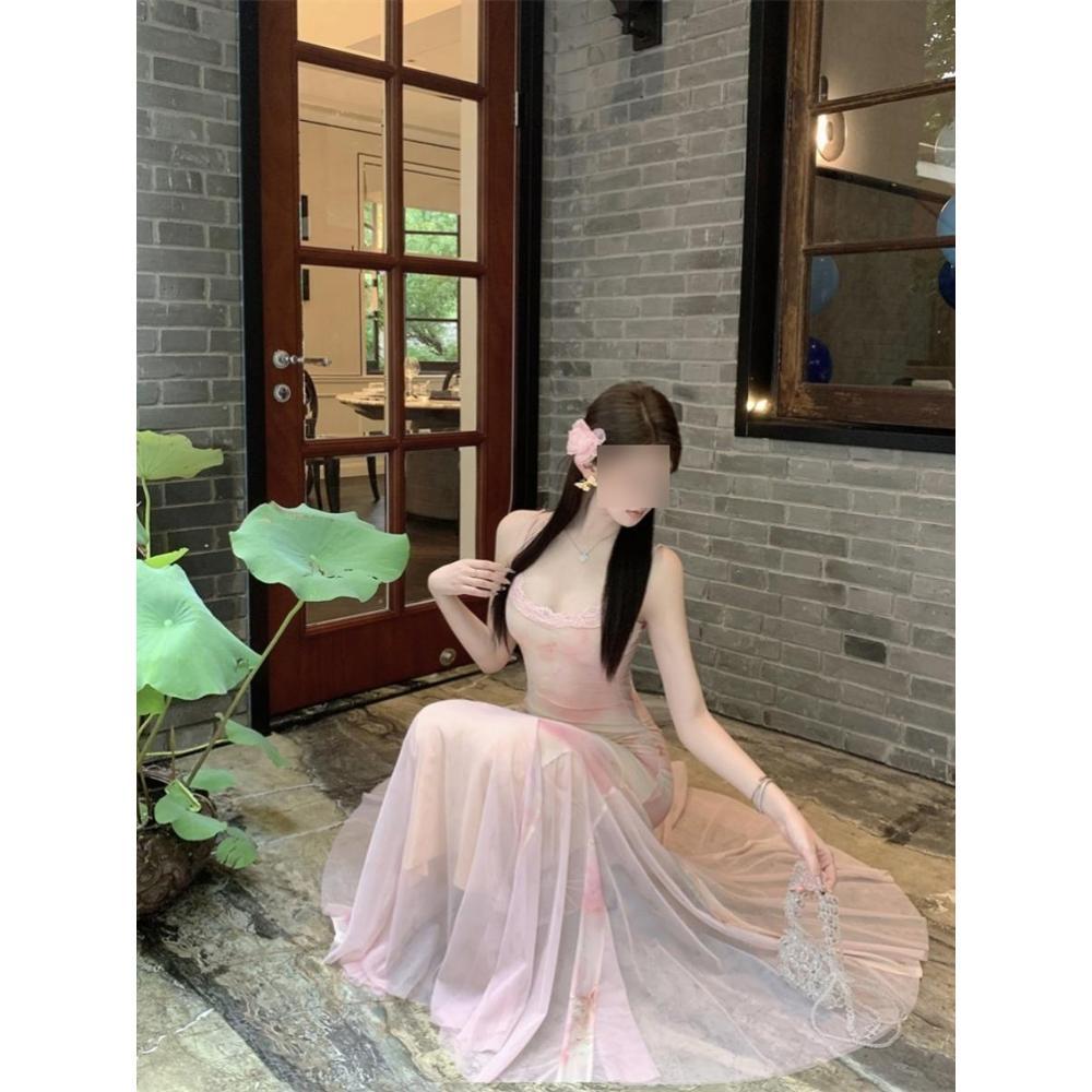 American niche chic beautiful holiday floral slim suspender dress temperament thin mesh dress women's summer