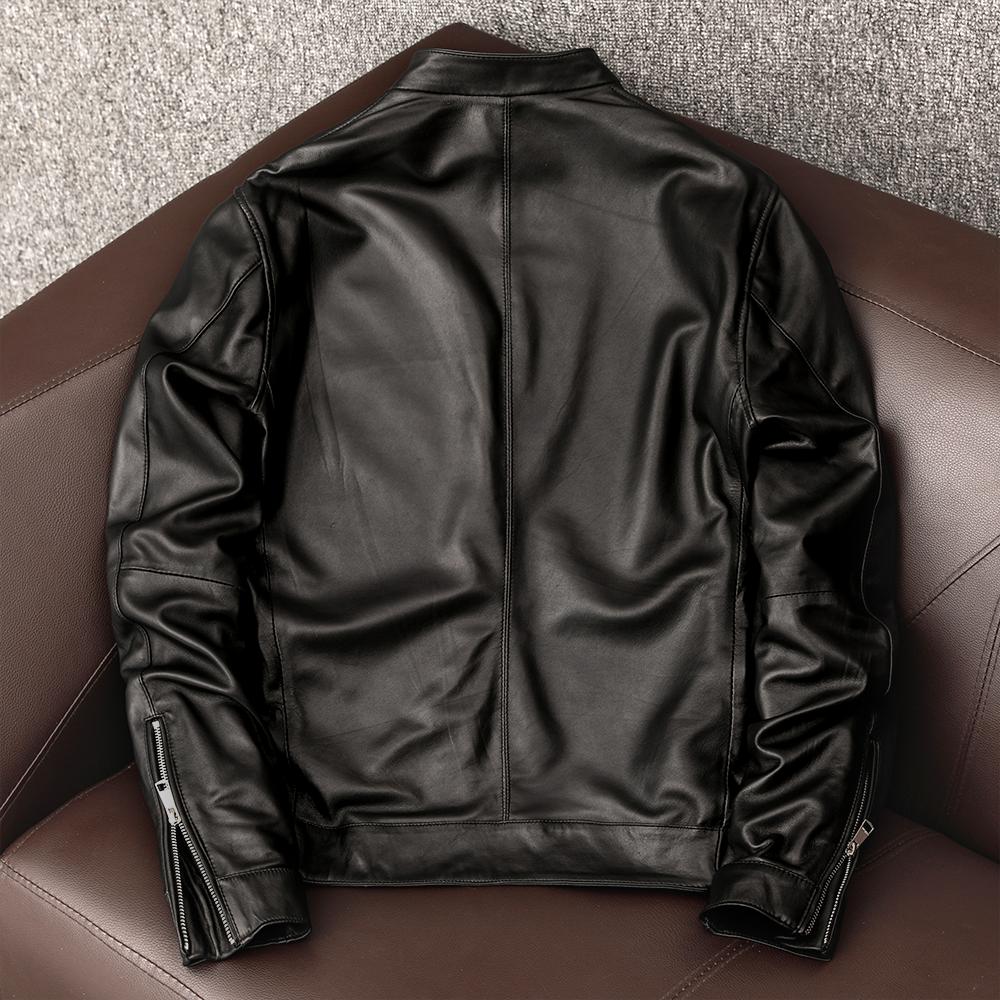 New Korean Style Stylish Simple Genuine Sheepskin Leather Jacket Men Short Stand Collar Casual Coat