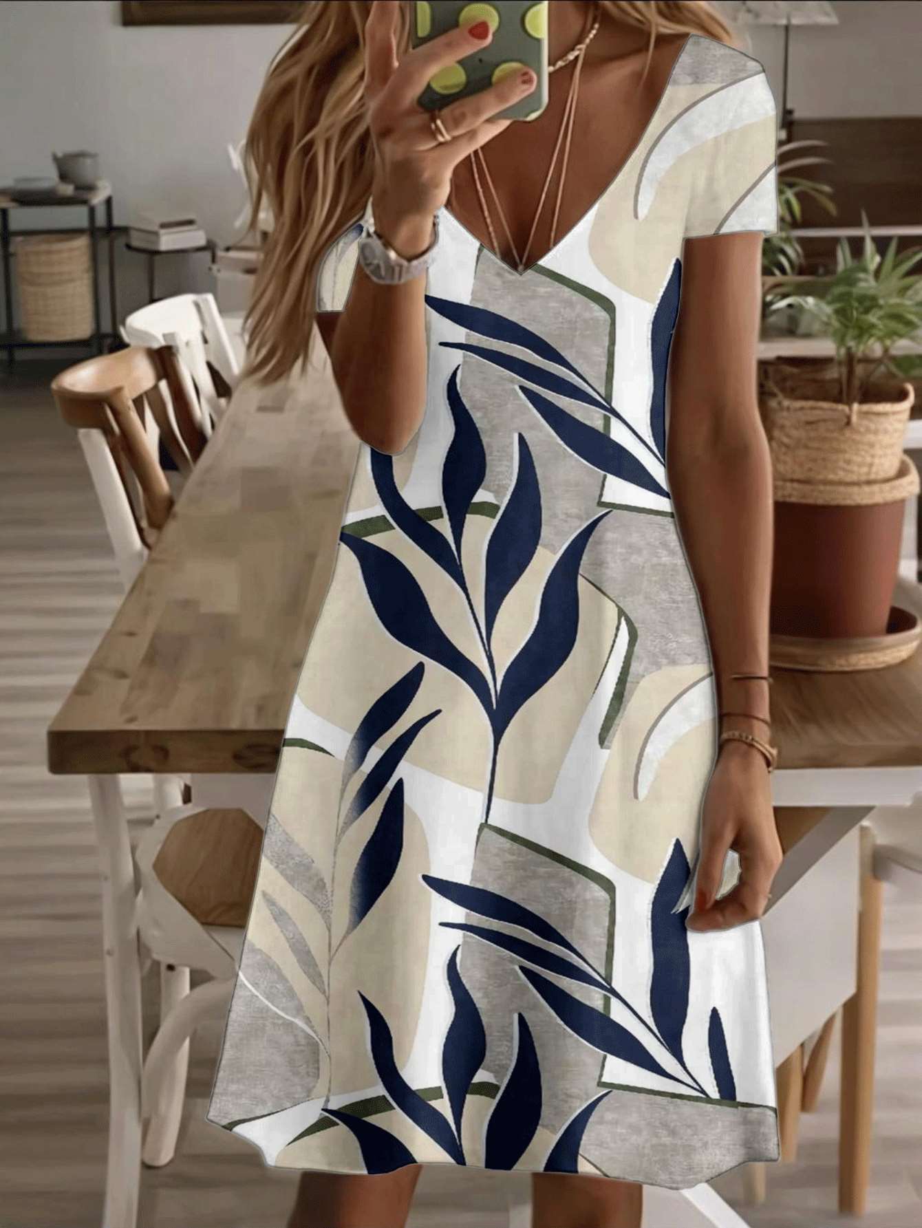 

Vneck shortsleeve midi dress tropical leaf print pattern 3D highquality print durable casual fashion summer beach style elegant breathable lightweight S дубильная кора