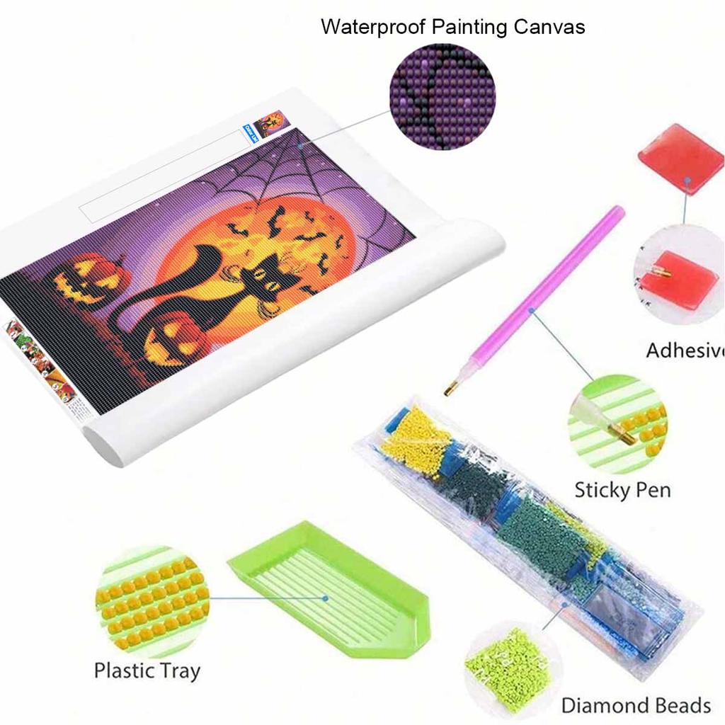 Diamond Painting Kit Halloween Black Cat Pumpkin Design DIY 5D Full Drill Canvas Art Relaxing Bedroom Wall Decor Gift