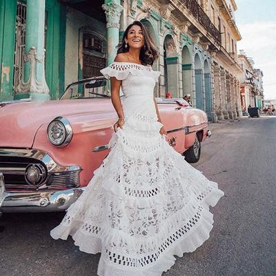 Spring New Women's Fashion Lady Banquet Wedding Party Gown Long Sleeve Printed Low Back Lace Dress
