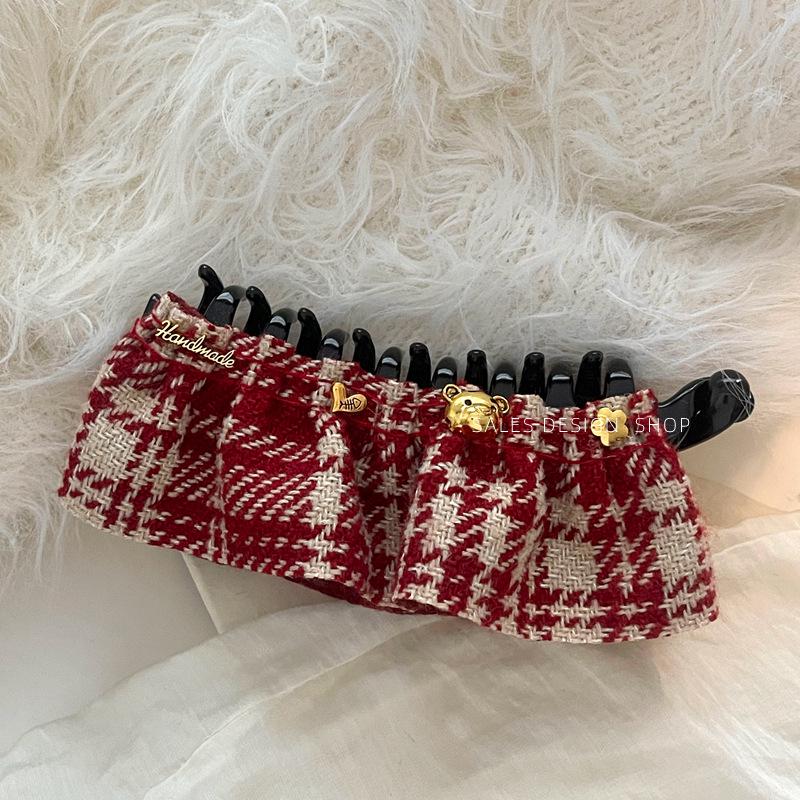 Korean Red Houndstooth Retro Hair Clip: Elegant Half-Up Claw for Women