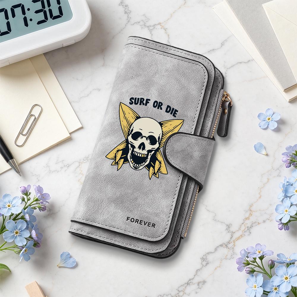 Surf Skull Print Long Wallet Bifold Multi Card Holder Casual Purse