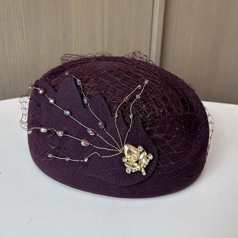 

2025 New French Style 100% Wool Beret Cap Winter Hat For Women Elegant Mesh Rhinestone Church Hat Stewardess Hat Chapeau фіолетовий