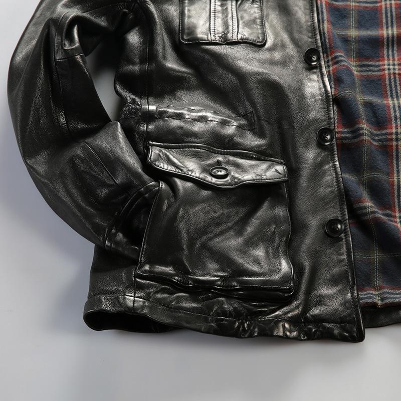Heavy Wash Full Vegetable Tanned Sheepskin Outdoor M Hunting Leather Jacket Lapel Multi-Pocket Casual British Leather Jacket