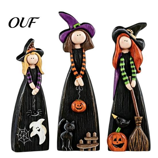 Retro Witch Decorations for Shelves Halloween Wooden Ornaments, Distressed Figurines, Tabletop Indoor Holiday Party Ornaments Decoration with Pumpkin
