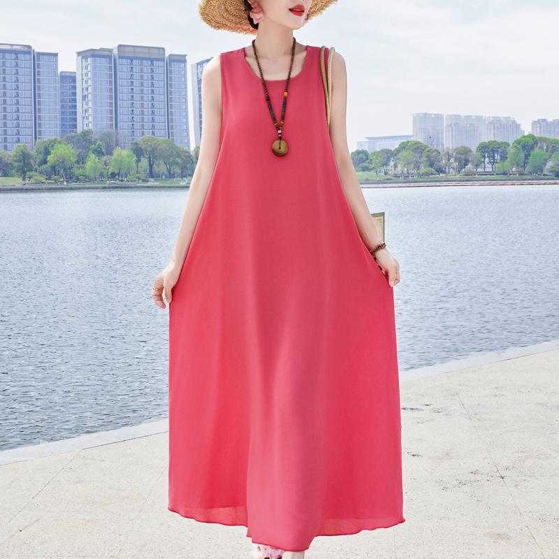 Elegant Sleeveless Dress Summer Fashion Casual Loose Vintage Print Long Dresses for Women Summer Clothes