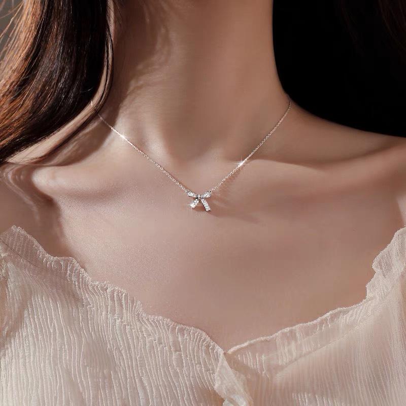 S925 Sterling Silver Bow Necklace - Elegant Women's Clavicle Chain Pendant for 2024