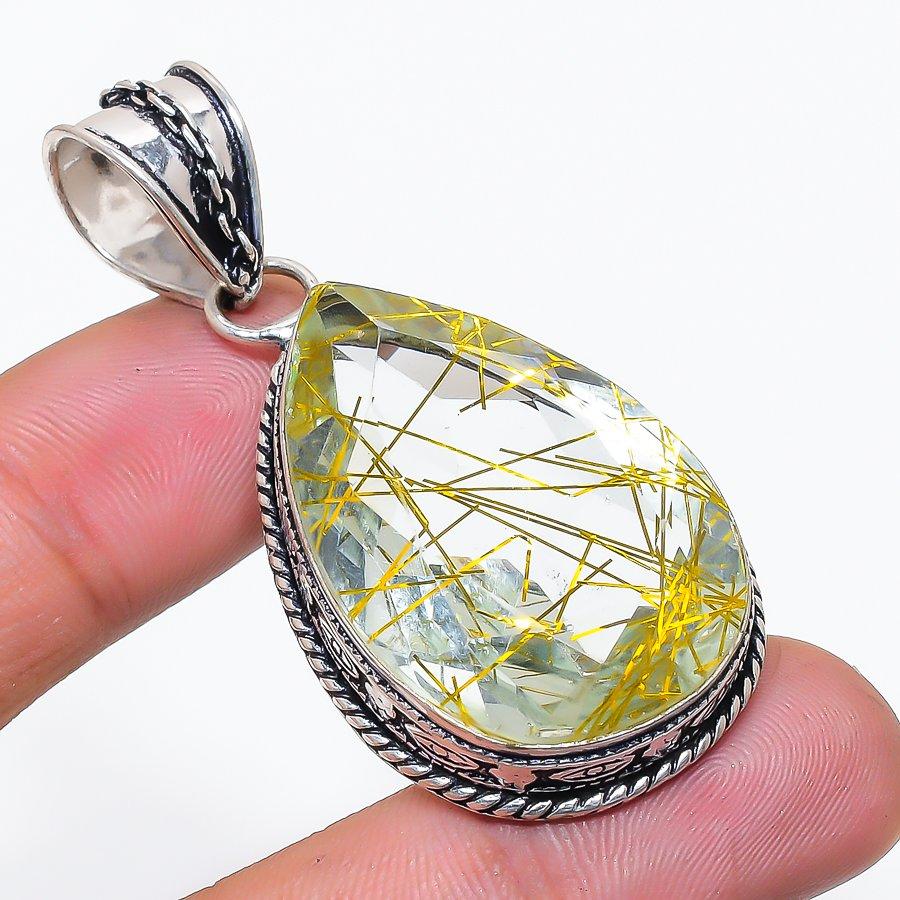 Natural Golden Rutile Gemstone 925 Sterling Silver Jewelry Pendant 2.21  AP-14287