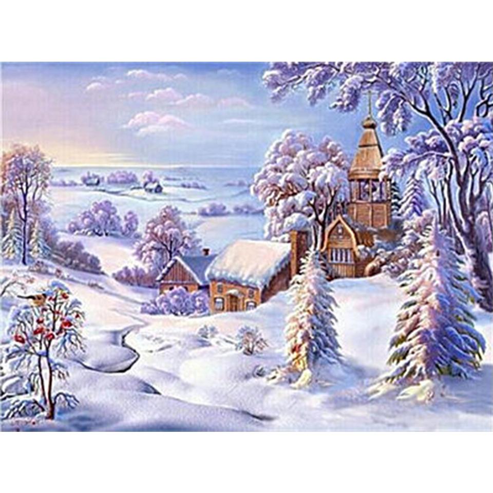 5D DIY Diamond Painting Landscape Winter House Full Round Rhinestone Embroidery Cross Stitch Kit Mosaic Picture Decoration Gift