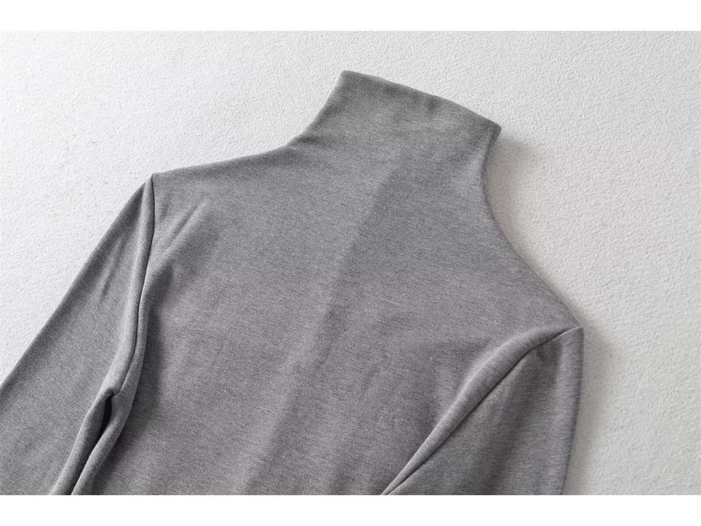 High Neck Pleated Design Waist-Cinching Long Sleeve T-Shirt for Women - Autumn/Winter