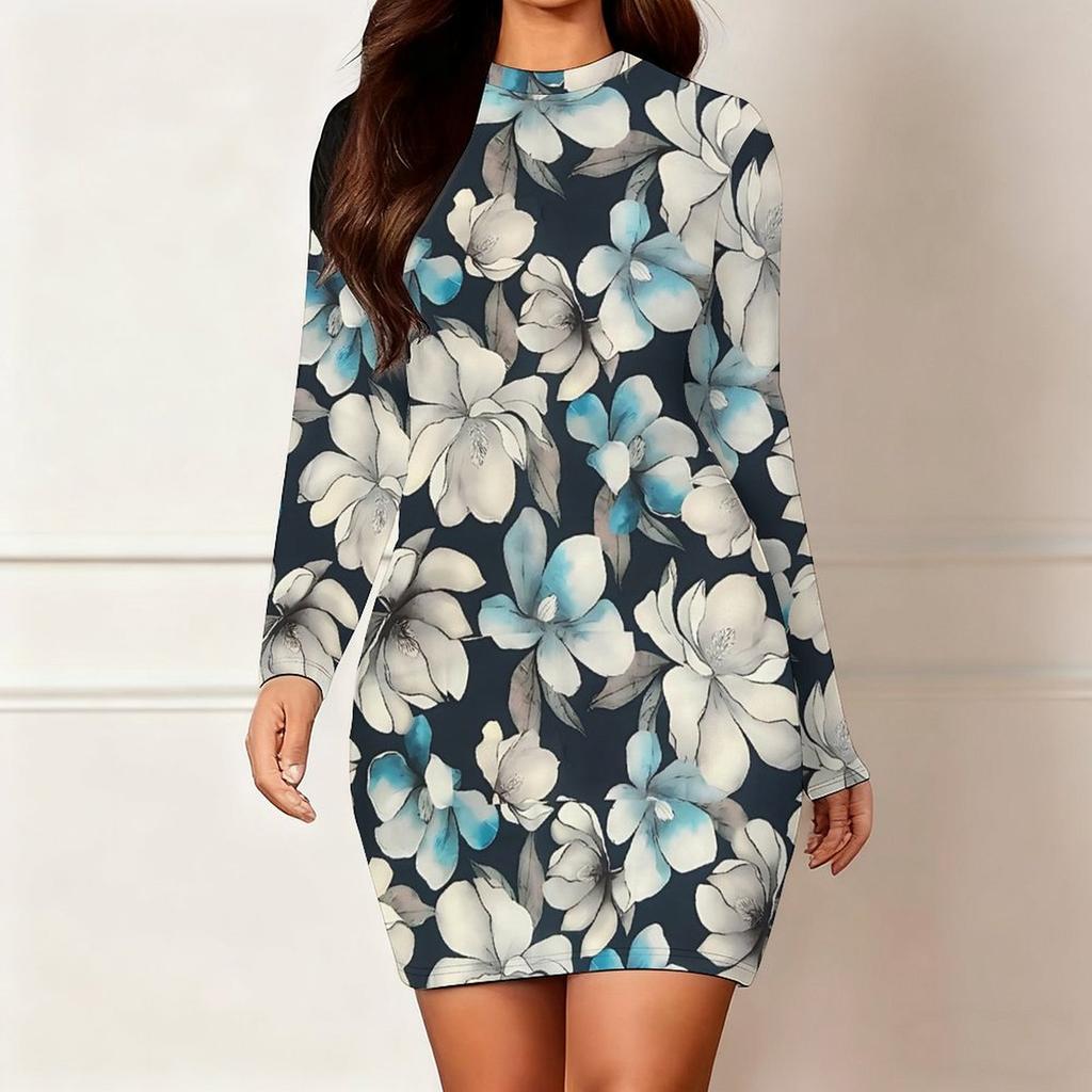 2025 Outono e Inverno Novo Estampa Floral 3D e Tingimento Moda Feminina Manga Longa Gola Redonda Vestido Envolvente de Quadril Dia dos Namorados Limitado