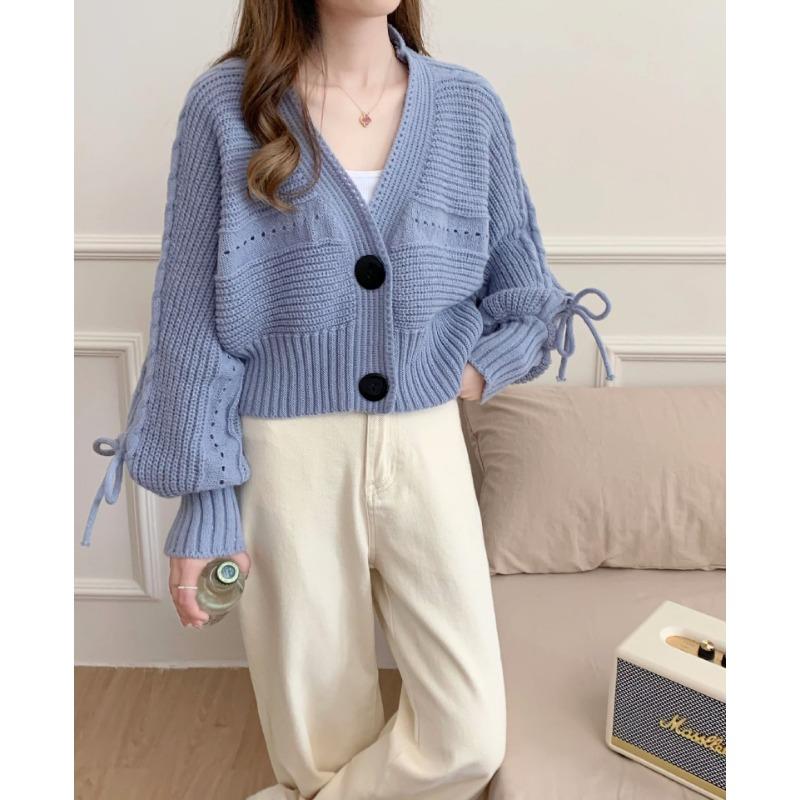 Autumn and winter new casual loose V-neck knitted cardigan sweater women's long-sleeved bow tether short top