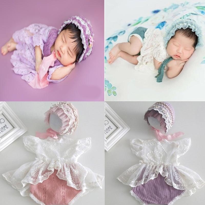 Baby Photography Props Lace Jumpsuits Bonnet Hat Newborns Photo Props Photoshoots Headwear Infant Photo Posing Outfit