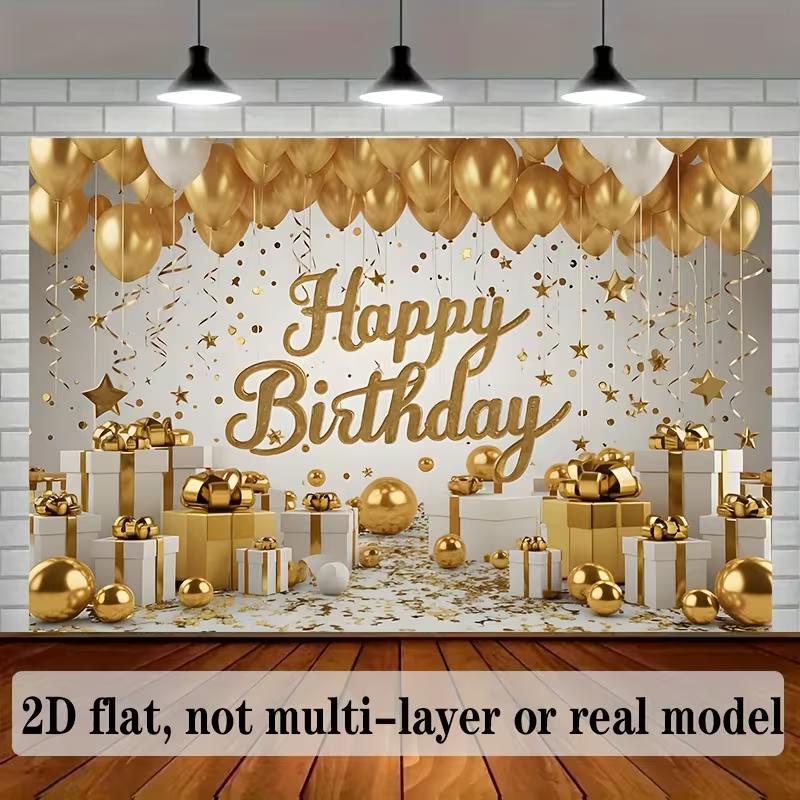 

2D Gold Birthday Backdrop White Background - Party Photography Background Banner 47.2x31.5inch/120*80cm