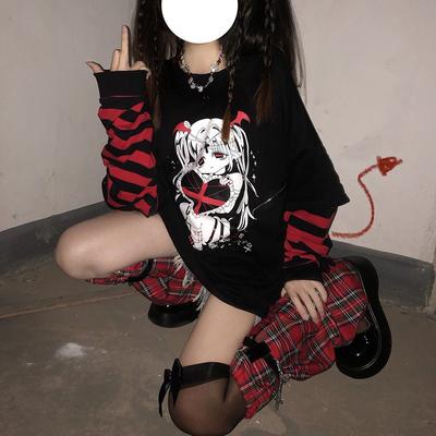 Y2K Women's Clothing Gothic Women's Sweatshirt Harajuku Gothic Striped Fake Two-piece Hoodie