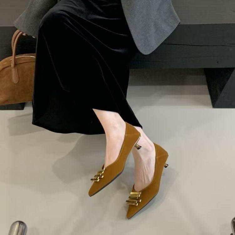 Black Metal Buckle Loafer Shoes For Women With Pu Material For Work And Office Use