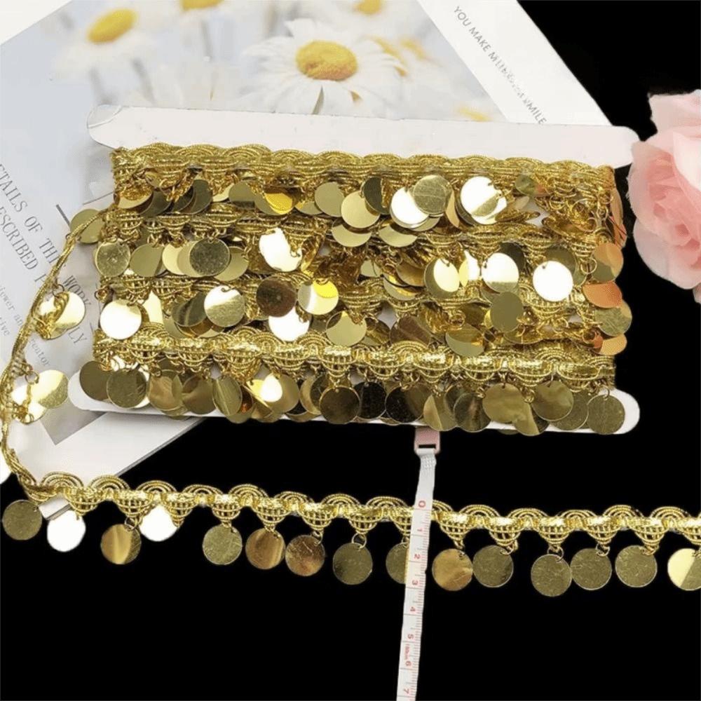 Shiny Tassel Belly Dance Waist Chain Golden Pendant Sequins Lace Trim  Stage Costume