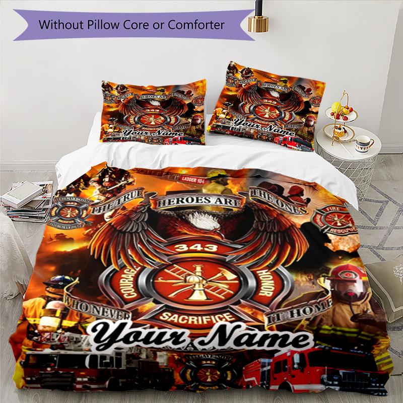 3PC Custom Name Firefighter Tribute Bedding Set Duvet Cover Closure Includes 1 Duvet Cover & 2 Pillowcases for Bedroom