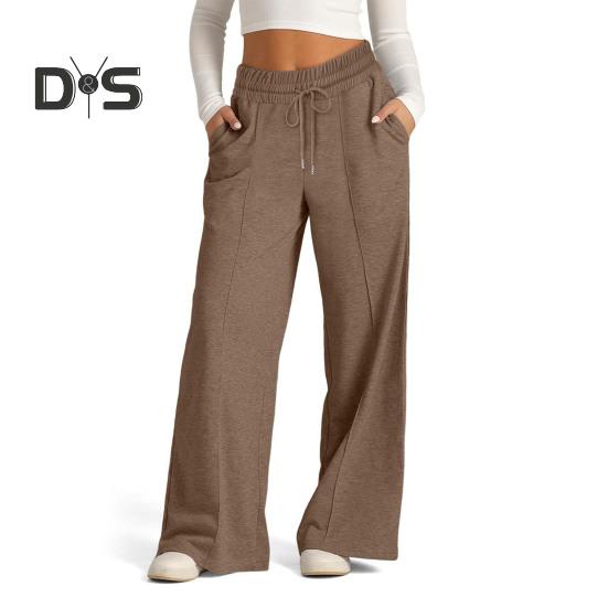 Damen Freizeithose, elastische hohe Taille, verstellbarer Kordelzug, gerade Hose mit weitem Bein und Taschen, einfarbig, lange Hose