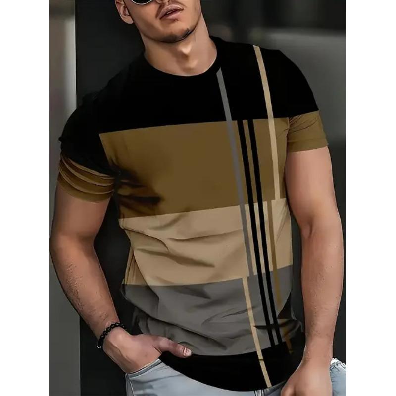 Pánské ležérní pruhované tričko s digitálním 3D potiskem, kulatým výstřihem a krátkým rukávem, ideální letní a ležérní oblečení