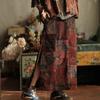 Women Vintage Patchwork Corduroy Skirts Red Floral Elastic Waist Winter A-Line Chinese Style Skirts