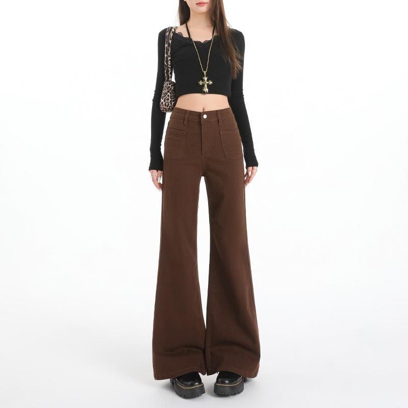 New coffee-colored high-waisted and slightly pulled jeans for women's autumn new small people loose and thin without sticking to their legs