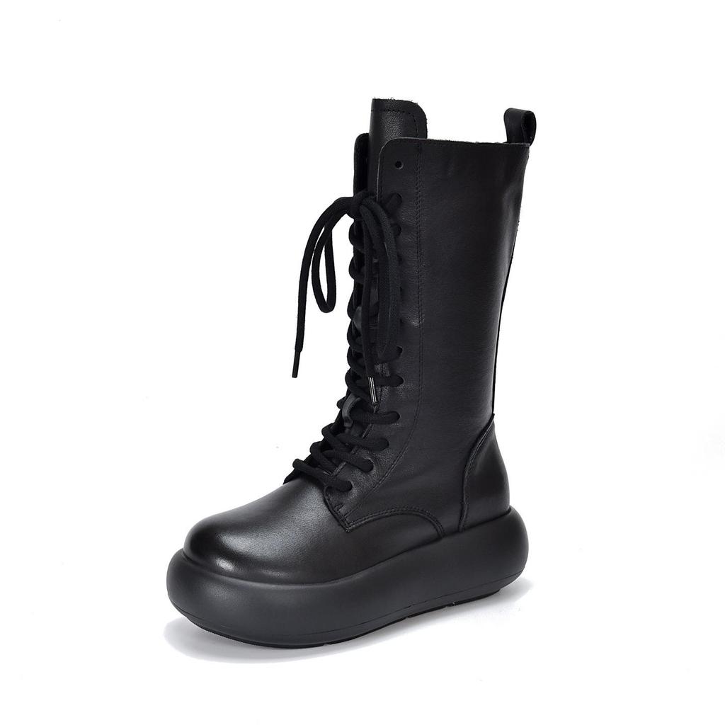Johnature Genuine Leather Round Toe Thick Soled Mid-calf Boots Retro Lace Up Side Zipper Versatile Women's Boots
