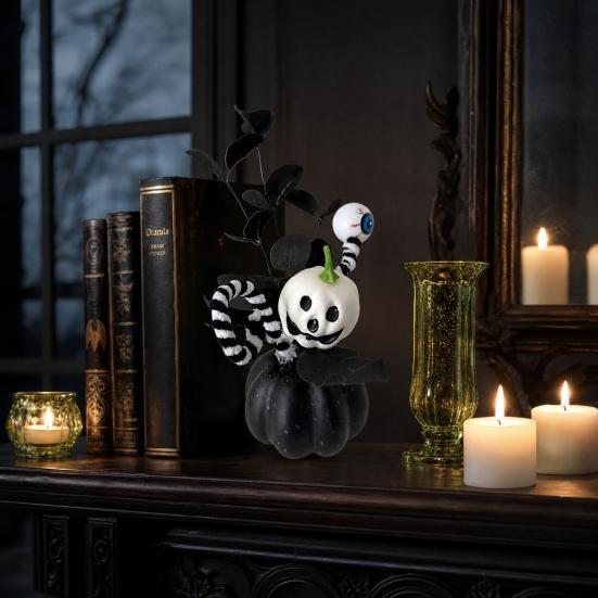 Halloween Spooky Pumpkin Decoration, Eyeball Pumpkin Figurine with Black Artificial Leaves, Holiday Party Ornament for Home, Office, Haunted House