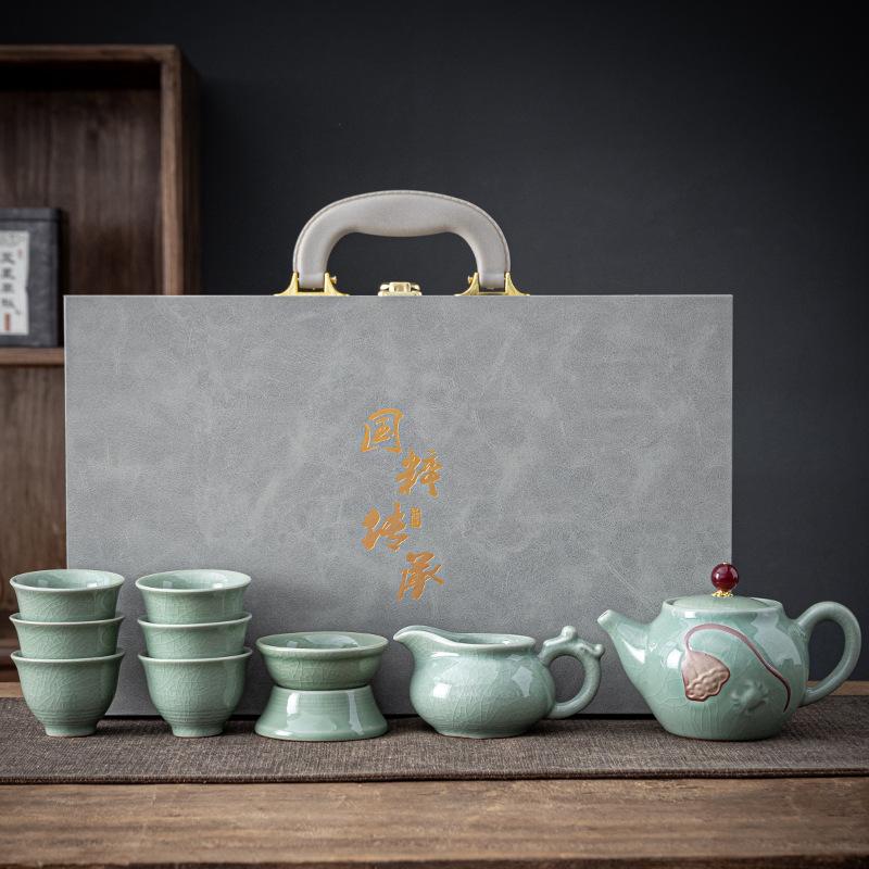 High-grade ceramic Kung Fu tea set, creative ice crack glaze, Ge kiln opening, household teapot, tea set, business gift